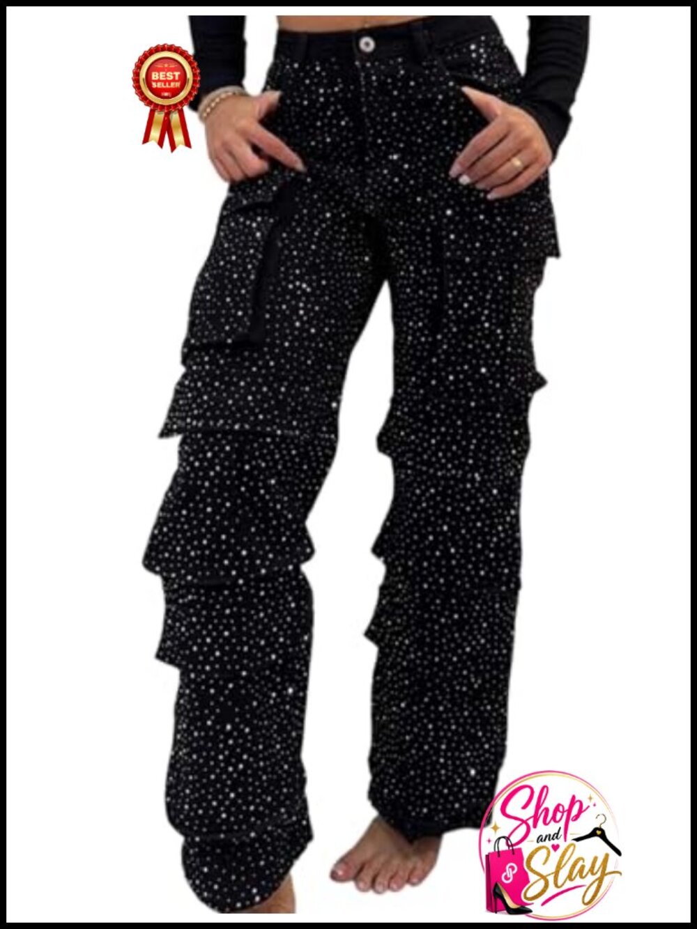 Rhinestone Cargo Jeans High Waisted Straight Leg Sparkle Trouser
